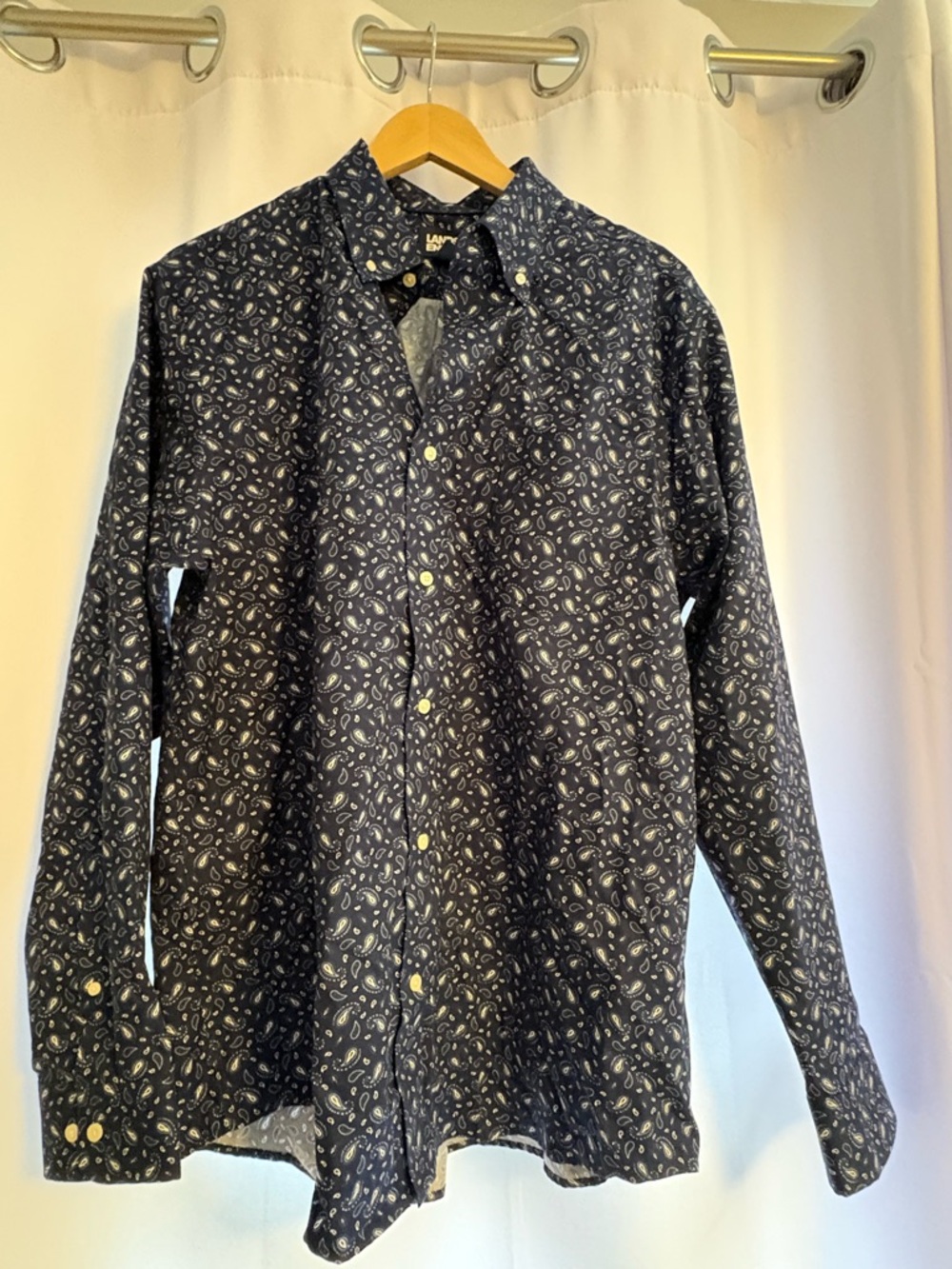 Lands' End Navy Paisley Button-Down Shirt with White Pattern